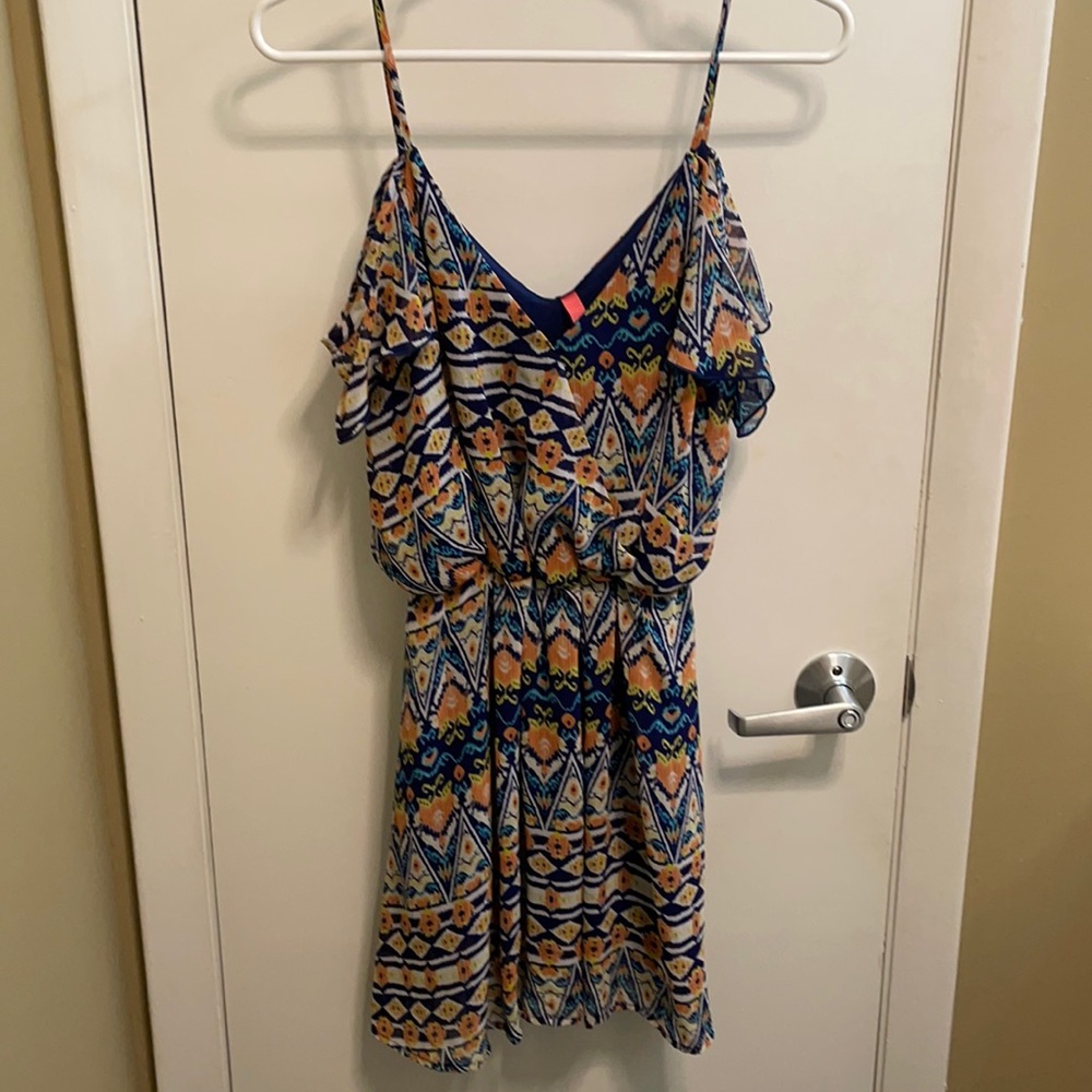 Aztec Print Spaghetti Strap Dress with Ruffle Sleeve Detail